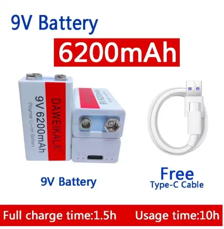 Pile /Batterie li-ion Rechargeable 9V, 6200mAh, type-c, USB